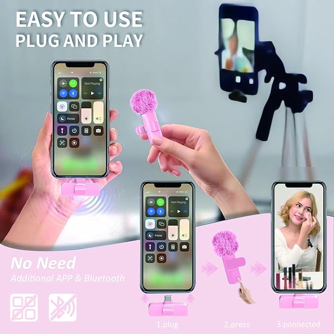 Pink Mini Wireless Microphone, Professional Lavalier Lapel Mic with USB-C & Lightning for iPhone, iPad, Android, iPhone Mic for Crystal Clear Recording, Video Making, Vlogging, Content Creators