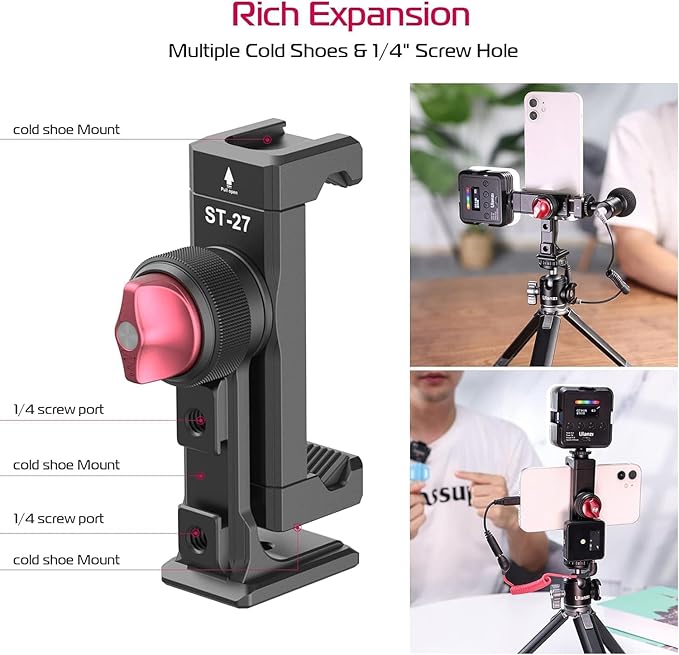 ULANZI ST-27 Metal Phone Tripod Mount, 360° Phone Holder for Tripod w 3 Cold Shoes & Arca Port, Versatile Smartphone Adapter for iPhone 17 16 15, Desktop Tripods, and Live Streaming/Vlogging Setup