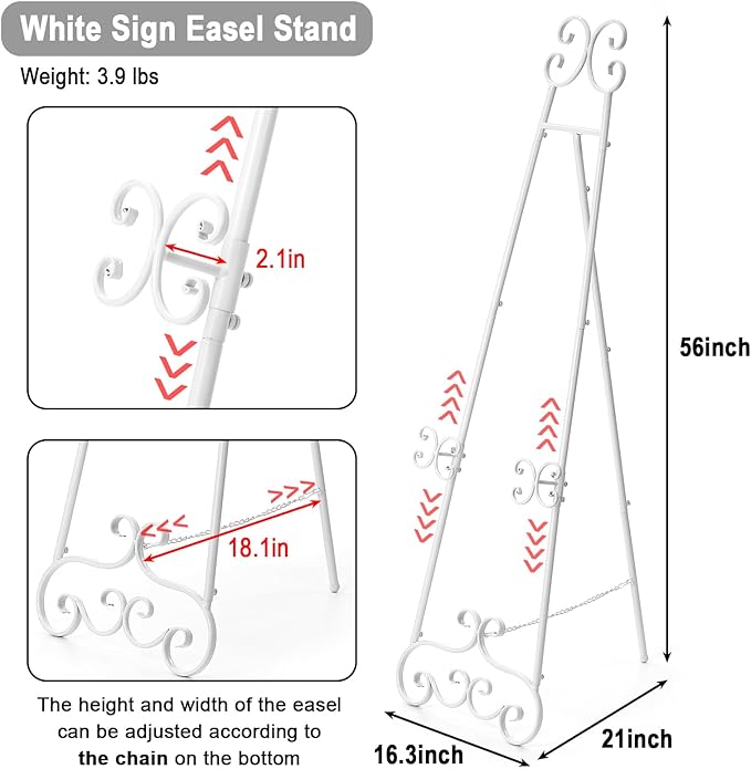 Metal Floor Standing Display Easel, 56" H White Decorative Scroll Easel Stand for Sign Wedding Picture Frame, with Chain Support