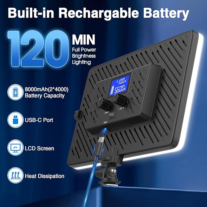 LED Video Light Panel, 20W Photography Lighting Portable Camera Soft Light Built-in 4000mAh Battery Type C, 2500K-8500K Photo Led Light for Video Recording Live Streaming Outdoor Indoor
