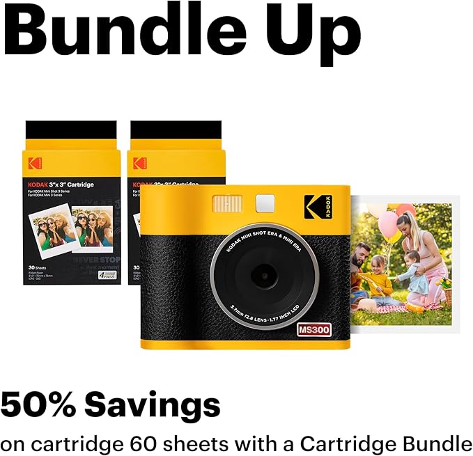 KODAK Mini Shot 3 ERA 4PASS 2-in-1 Instant Camera and Photo Printer (Yellow, Camera + Initial 8 Sheets + 60 Sheets)