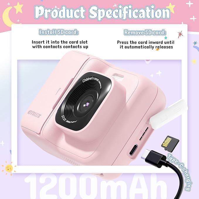 ETIKEZ Kids Camera, 1080P Instant Digital Print Camera for Kids, Christmas Birthday Gifts for 4 5 6 7 8 9 10 Year Old Girls Boys, Portable Toy with 32GB SD Card & 3 Rolls Printing Paper, Rose