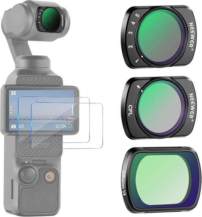 NEEWER Magnetic ND Filter Set Compatible with DJI Osmo Pocket 3 Creator Combo Accessories, Variable Neutral Density ND2-32 CPL Polarizing Black Diffusion 1/4 Effect Filter, 2 Screen Protectors