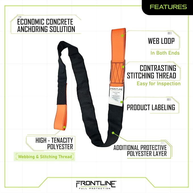 Frontline COS06L Concrete Embed Anchor Strap with Looped Ends 6' | ANSI & OSHA Compliant | Pour-in Disposable Anchor | 310 lbs. Capacity | Color Orange/Black