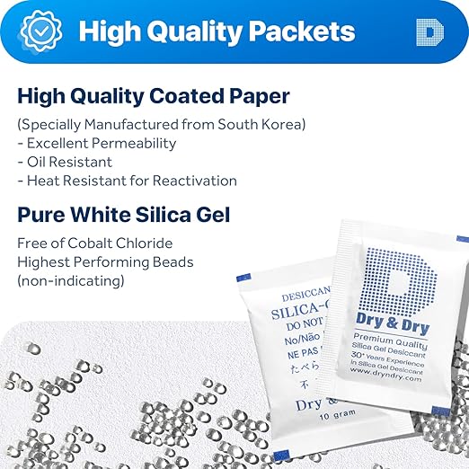 Dry & Dry 10 Gram [50 Packets] Silica Gel Packets Silica Gel Desiccants, Silica Gel Packs - Rechargeable (Food Safe) Silica Gel Packets, Silica Packets