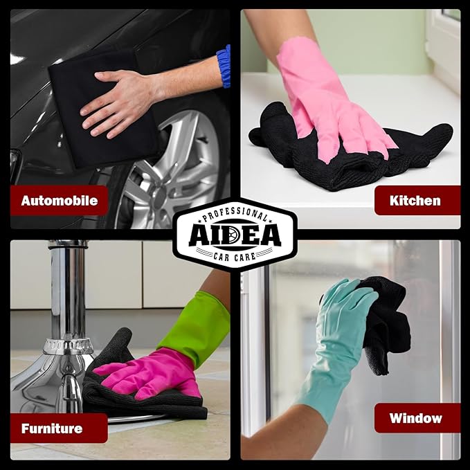 AIDEA Microfiber Cleaning Cloth Black 5PK, Microfiber Towels for Cars, Premium Car Cloths, Dusting Cloth Lint Free Cleaning Rags for SUVs, House, Kitchen, Window, Workshops,12×12"