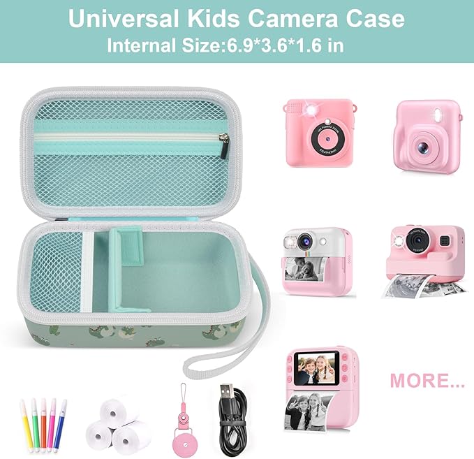 Case Compatible with ESOXOFFORE for Dylanto for Anchioo for WEEFUN for GKTZ for Amzelas for Mafiti Instant Print Camera for Kids, Film Camera Storage Holder Organizer Bag (Box Only)- Green Dinosaur