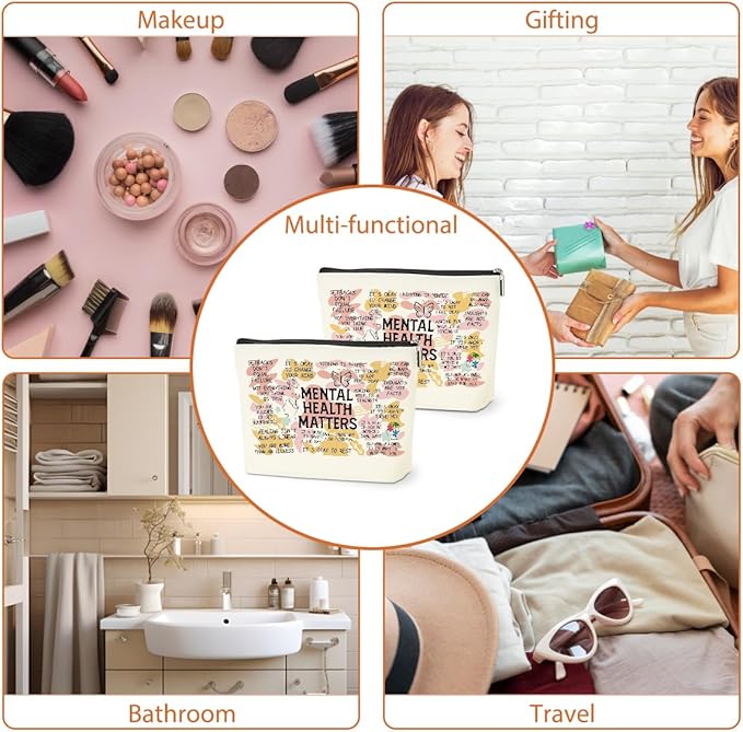 2PCS Mental Health Gifts Makeup Bag, Positive Affirmations Mental Health Awareness Inspirational Gifts for Women Friend Coworker Birthday Friendship Mothers Day Travel Toiletry Cosmetic Bag