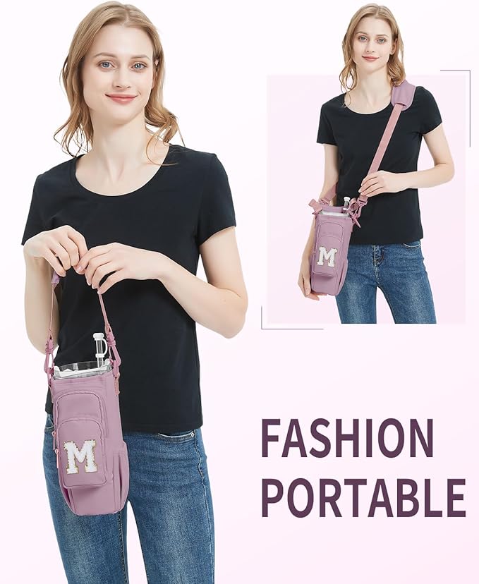 sportsnew Birthday Gifts for Women Personalized Initial Water Bottle Holder with Strap fits most 40oz Tumbler with Handle Water Bottle Carrier Bag with Phone Pocket & Straw Topper Tumbler Accessories