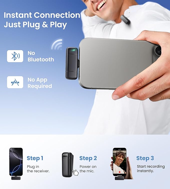 Mini Wireless Lavalier Microphone for iPhone/Android/Laptop, Plug & Play mini Mic with USB C Receiver and Lightning Adapter, Noise Reduction Clip on Wireless Microphone for TikTok, YouTube