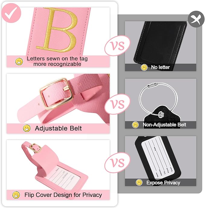 Initial Luggage Tags for Suitcases, Cute Embroidered Letter Luggage Bag Suitcase Identifier Name Baggage Tag, PU Leather Travel Luggage Tags, Bag Tags for Men Women Kids Luggage Handbags(Pink B)