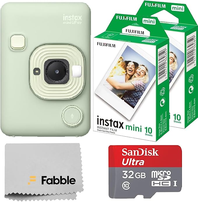 Fujifilm INSTAX Mini LiPlay Hybrid Instant Camera Bundle with 20 Sheets INSTAX Mini Film, 32GB microSD Card, USB Charging Cable, Hand Strap, Cleaning Cloth (Matcha Green)