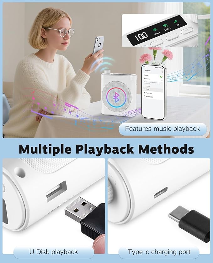 Tearstone Voice Amplifier for Teachers with Wireless Magnetic Lavalier Microphone, Bluetooth Portable Rechargeable Speaker, 2 Mics for Classroom, Meetings, Speeches, Outdoor (White)