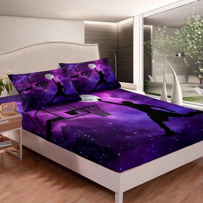 Galaxy Sheet Sets Boys Girls Basketball Flat Sheet Blue and Purple Starry Sky Bedding Universe Moon Print Sports Theme Basketball Bed Sheet, 1 Flat Sheet + 1 Fitted Sheet + 2 Pillowcases, Queen Size