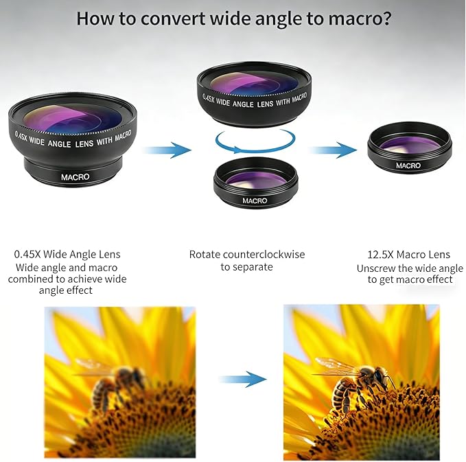 Phone Camera Lens Kit 2 in 1, 0.45X Wide Angle Lens+ 12.5X Macro Lens, Cell Phone Len Attachments Accessory for iPhone, for Samsung, for Android Smartphone