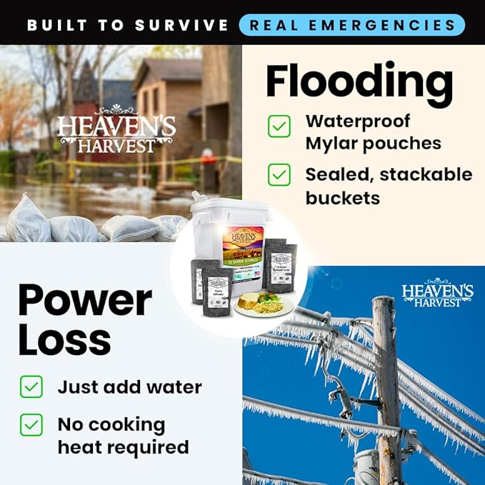 Heaven’s Harvest 25-Year Family Food Kit — Premium Emergency Food Supply. Freeze Dried Survival Food Kit + Water-Proof 25-Year Storage Bucket. MRE Meals, Non-Perishable Camping Food