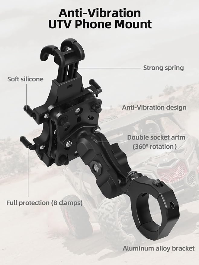 Anti-Vibration UTV Phone Mount Heavy Duty, Full Protection SXS Phone Holder with Aluminum Bracket Fit for 1.75-2" Roll Cage, Adjustable UTV Cell Phone Holder Holds 4.7-7.1" Phones