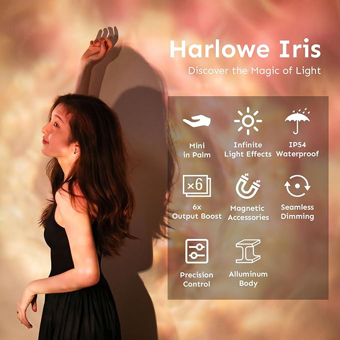 Harlowe Iris Content Creator Lighting Kit Portable 5W Bi-Color Camera Light 2700K-6500K Dimmable CRI/TLCI 96+, IP54, App Control LED Light for Photography and Video Recording, Standard Kit, Black