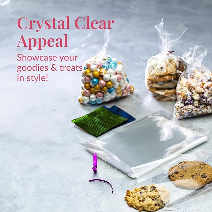 Prestee 200 Pack Clear Plastic Cellophane Bags Goodie Bags 6x8 with 4-Inch Twist Ties, Candy Bags, Cookie Bags, Favor Bags with Ties, Clear Gift Bags, Cellophane Bags (Pack of 200)