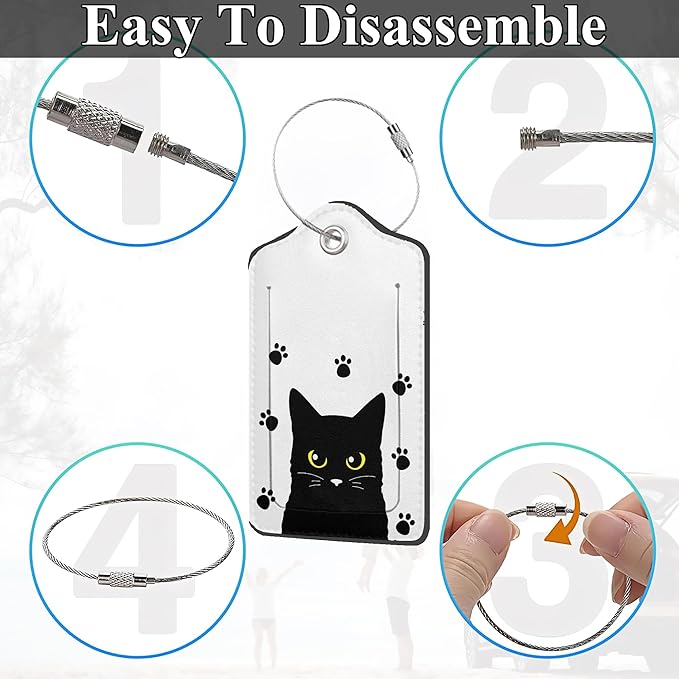 Set of 2 Luggage Tags for Suitcases, Leather Cute Black Cat Baggage Tags with Stainless Steel Loop, Privacy Name ID Card Cover Kawaii Travel Labels for Women Men Kids Girls