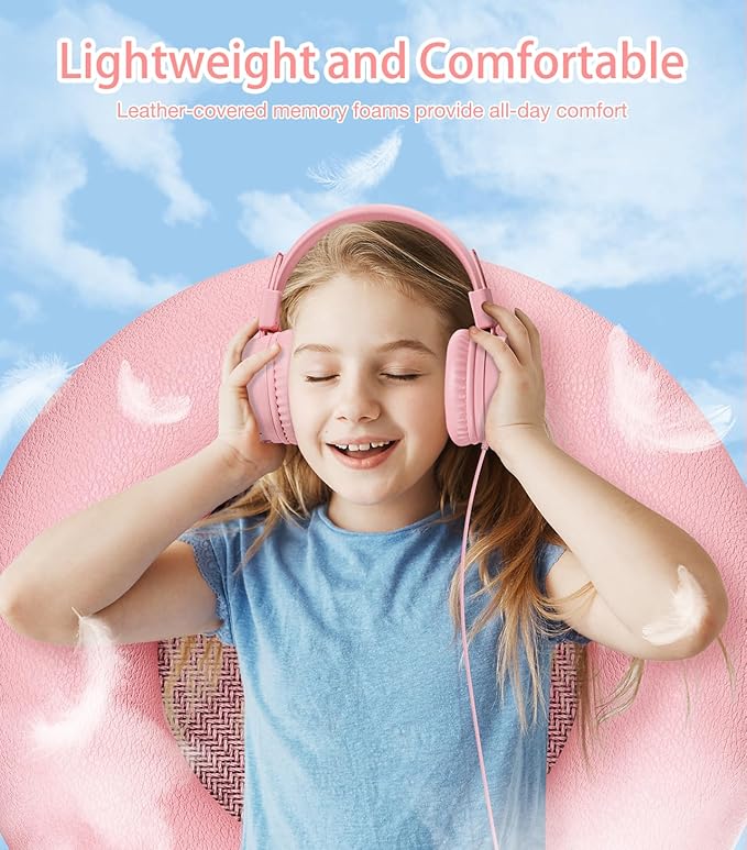 Kids Headphones with LED Lights for School, Upgrade USB Type C Kid Headphone with Microphone, Volume Limiter 85/94dB, Wired On Ear Headphones for Boys/Girls/Tablet/Travel -Pink