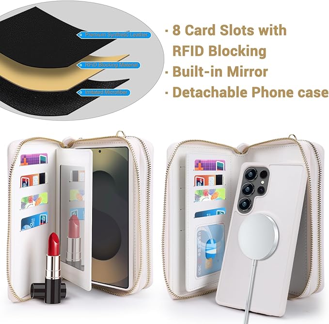 Harryshell Compatible with Samsung Galaxy S25 Ultra Case Wallet Multi Zipper Detachable Removable Cover Purse with Card Slots Holder Mirror Crossbody Strap (Compatible with Magsafe - White)