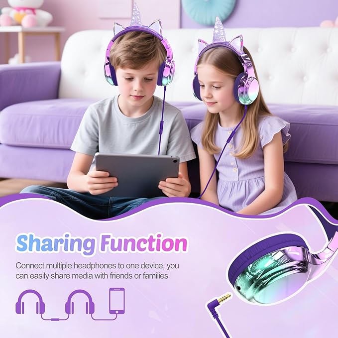 QearFun Kids Unicorn Headphones with USB C for Girls with Microphone, 85/94dB Safe Volume Limiter, Tangle-Free Cord, Share Port, Foldable Sparkly Wired Headset for School, Travel, Tablet, iPad