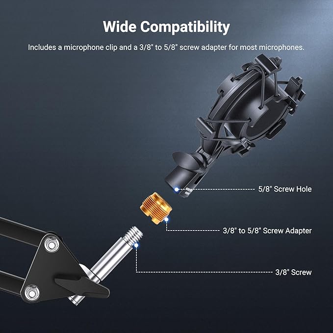 NEEWER Microphone Shock Mount, Mic Holder for Stand & Boom Arm with Elastic Ropes & 3/8" to 5/8" Screw Adapter, Fits Mics of 1.8" to 2" (46 to 50mm) Diameter, MS048
