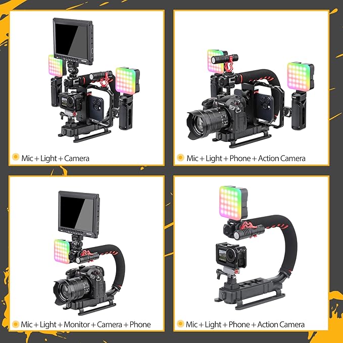 Zeadio Camera Handheld Stabilizer with Aluminum Smartphone Video Cage Rig, Triple Cold-Shoe Handle Grip, Compatible with All Camera Action Camera DSLR Smartphones