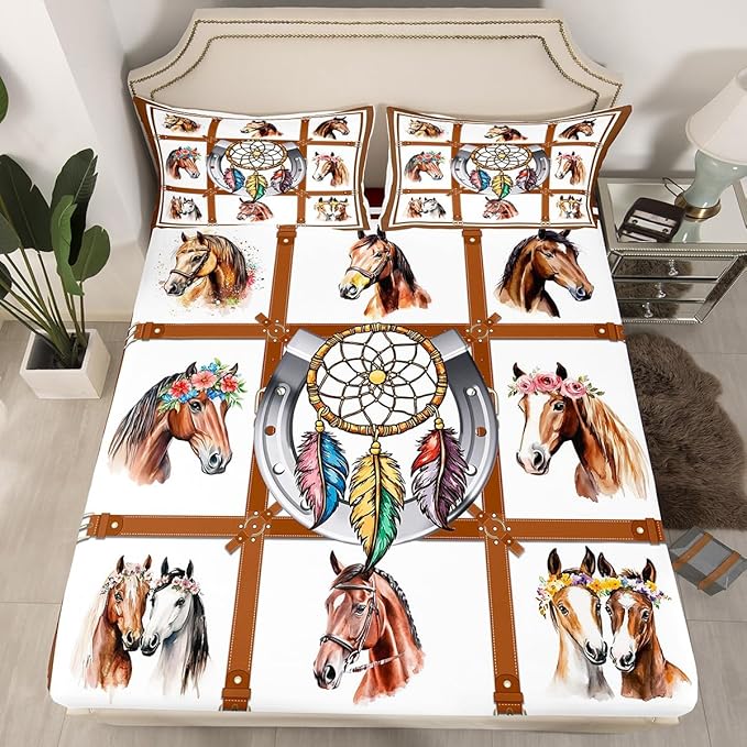 Erosebridal Horse Sheets Cowboys Western Brown Horse Print Bed Sheets Cowgirls Rustic Farmhouse Decor Fitted Sheet Grids Patchwork Flat Sheet Dream Catcher Feather Bedding Sets Queen Size 4 Pcs