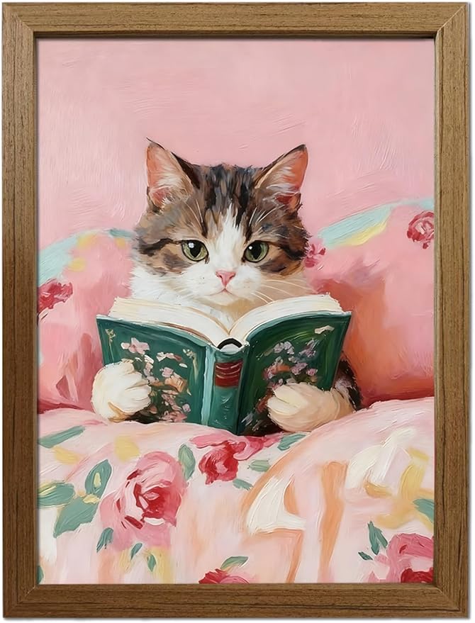 Cat Reading Framed Canvas Wall Art, Cute Cat Poster Paintings Print Picture, Single Panel Wood Frame Artwork Posters Prints for Bedroom Living Room Home Décor Wall Decoration, 16x12in / 24x16in