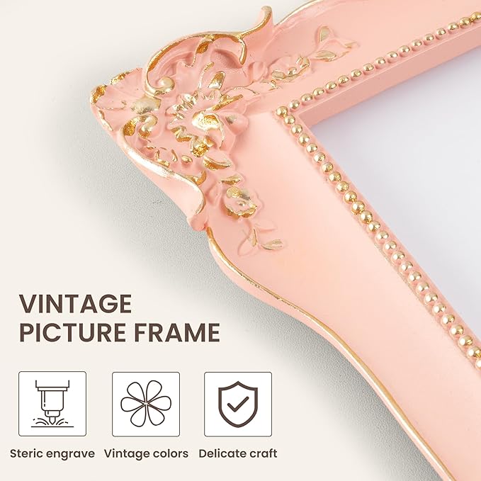 Axeman Vintage 5x7 Pink Picture Frames | 5 x 7 Antique Picture Frame with Real Glass | Ornate 5x7 Picture Frame for Wall & Tabletop Display | Retro Pink 5 x 7 Photo Frame