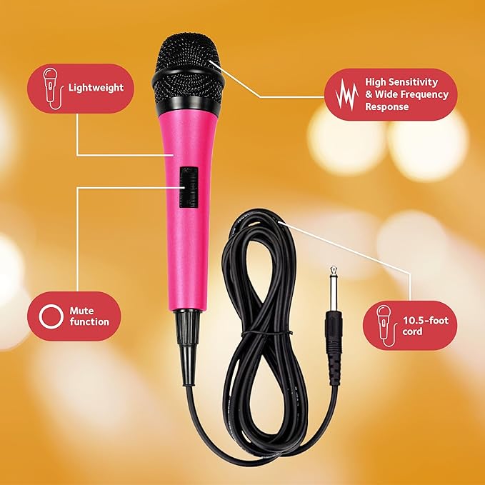 Singing Machine Wired Microphone for Karaoke, (Pink) - Unidirectional Dynamic Vocal Microphone - Plug-In Microphone for Karaoke Machine, AMP, & Speaker - Mic for Singing, Public Speaking, & Parties