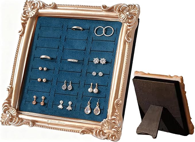 Jewelry Display Stand Vintage Ring Holder Box Earring Tray Retro Picture Frame Style Ring OrganizerJewelry Frame with Velvet