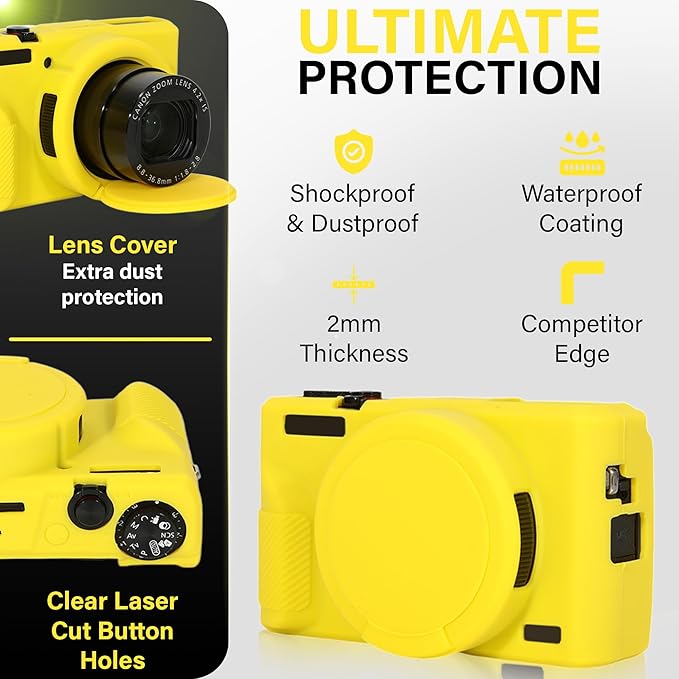 STSEETOP Camera Case for Canon PowerShot G7X Mark III - Protective Silicone DSLR Skin with Lens Cover, Detachable Cage, Shockproof, Dustproof (Yellow)