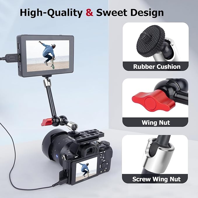 9" Cold Shoe Magic Arm with 360° Ball Joint, Extended Stainless Steel Friction Arm for Camera Cage Rig, LED Panel, Monitor Mount – Vlog Studio Photography-87002