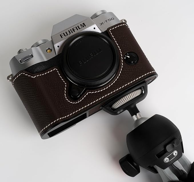 Uchandmade Handmade Genuine Leather Camera Half Case for Fujifilm X-T50/Fujifilm X-T50 Camera Case/Fujifilm X-T50 Case - Top Layer Cowhide Body + Metal Base Plate (Dark Coffee)