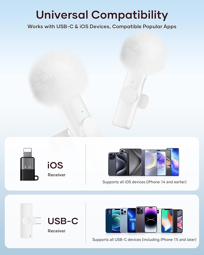 Wireless Microphone for iPhone iPad and Android Phone, 2 Pack Wireless Lavalier Lapel Mic with Noise Reduction, Plug and Play Mini Microphone for Video Recording Interview YouTube TikTok Vlog (White)