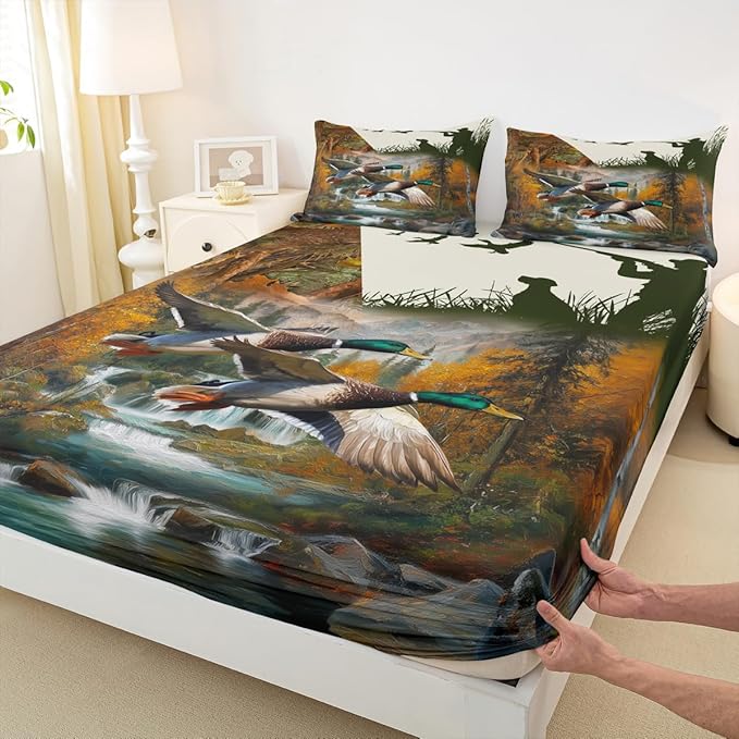 Erosebridal Duck Hunting Bedding Sets - Mallard Duck Fitted & Flat Sheets, Rustic Farmhouse Style, Full Size 4 Pcs