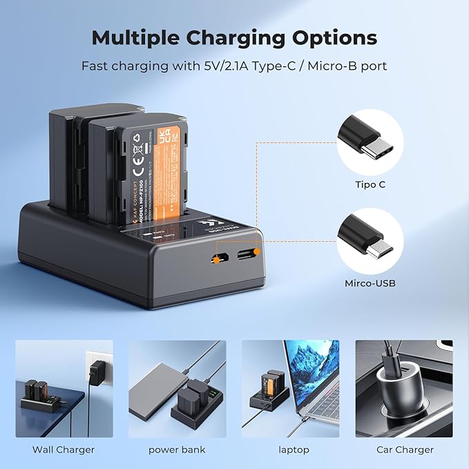 K&F CONCEPT NP-FZ100 2280mAH Battery and Dual Slot Charger Set for Sony A7iii, A7iv, A7C, A6700, A6600, ZV-E1, ZV-E10ii, FX3, FX30, A9, Alpha 9, Alpha 9S, A9S, A7R3, A7R4 Camera Batteries