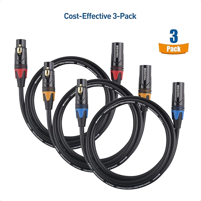 Cable Matters 3-Pack Color-Coded Premium Shielded XLR Cables - 3ft, Oxygen-Free Copper (OFC) XLR Microphone Cable Male to Female, Black