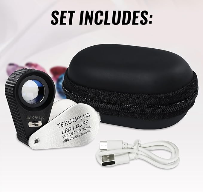 10x Jewelers Loupe Magnifier with UV & LED Lights, 22mm Triplet Lens Rechargeable Jewelers Loupe Foldable Jewelry Magnifier Portable Jewelry Magnifier Inspection Loupe for Gems, Jewelry, Coins, Rocks