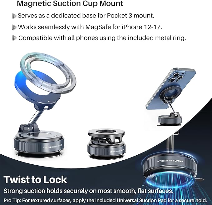 All-in-One Mount Kit for DJI Osmo Pocket 3 and Phone | Car Windshield Suction & Magnetic Base Combo | Hands-Free Modular Accessories for Dashcam Vlogging Fitness Recording