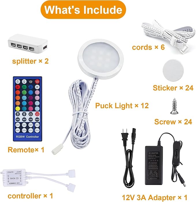 Under Cabinet Lights, RGBW Ultra Slim Puck Lighting Kit 12 Pack, Dimmable Counter Showcase Kitchen Lighting Fixtures, Puck Lights with Remote and 12V Plug in Adapter