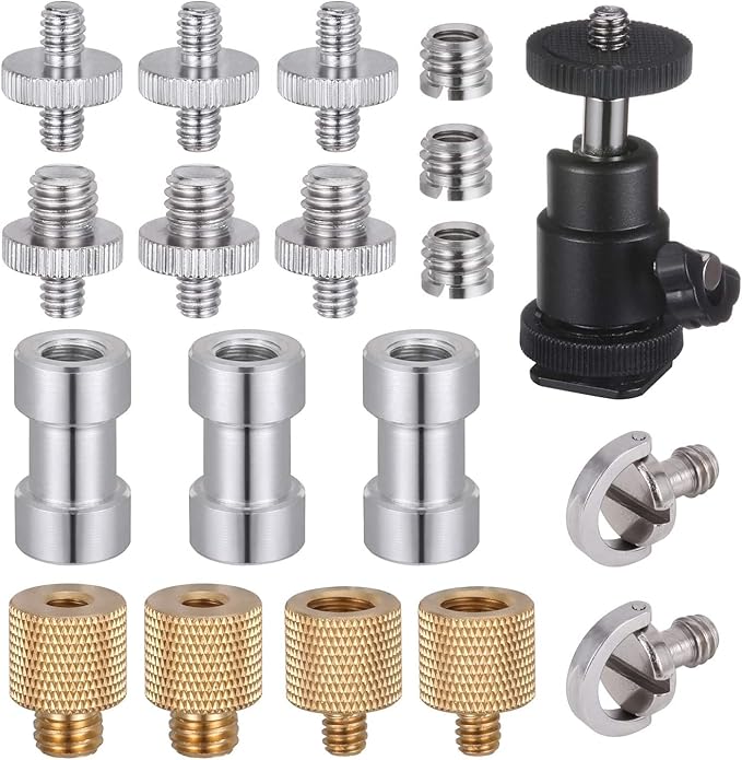 Camera Screw Adapter, KWOKWEI 19pcs 1/4 Inch and 3/8 Inch Converter Female Male Threaded Screws Mount Set, Metal Thread Adapter Converter 360°Camera Ball Head for Monopod, Ball Head
