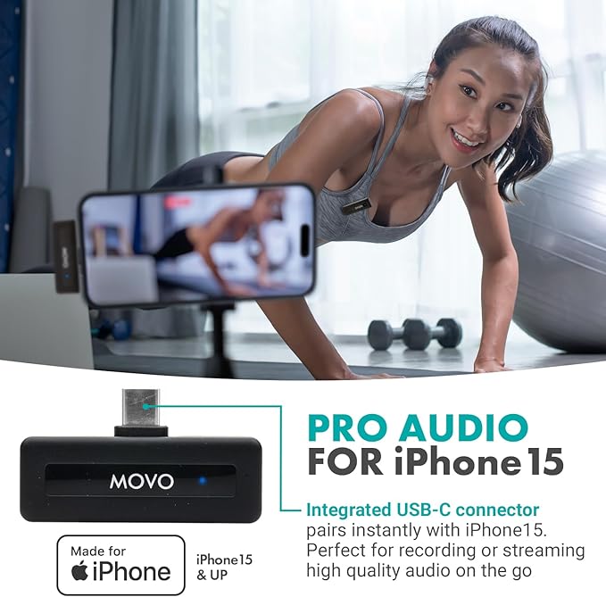 Movo Wireless Mini USB-C Wireless Microphone for iPhone 15/16/17 - Microphone Compatible with Pro Max - 10HR Battery Life, 164ft Range