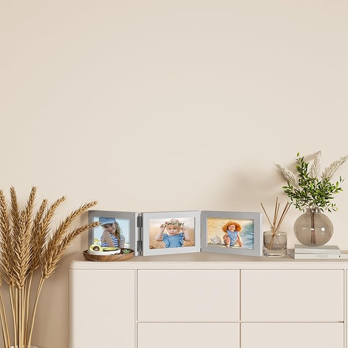 decorUhome Triple 6x4 Picture Frame Horizontal, Engineered Wood Trifold Photo Frame with Plexiglass for Tabletop Display, 6x4, Silver
