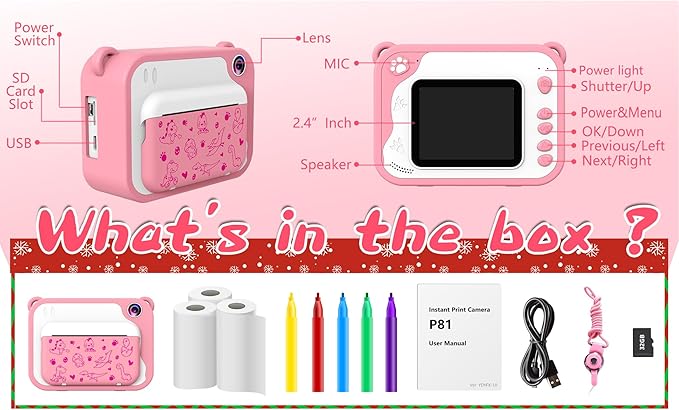 Kids Instant Print Camera for Toddlers - Ink Free Printing, Dinosaur Design, Perfect for Boys & Girls Aged 3-12 (Pink)
