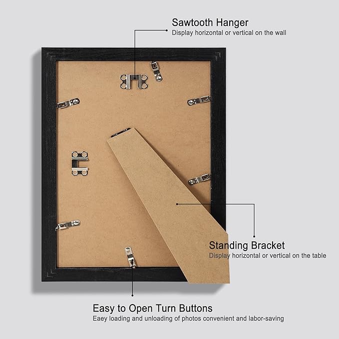 9x12 Picture Frame Set of 4, Made of Glass and Rustic Black Wooden Frame - Display Picture 6x8 with Mat or 9 x 12 Without Mat, 9 by 12 Photo for Wall or Tabletop