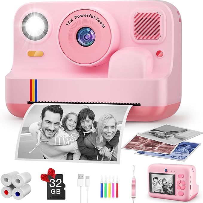 Instant Print Camera for Kids, App Printing, 1080P Video, Dual-Lens Selfie Digital Camera with 32G SD, Christmas Birthday Gifts for Girls Boys 4 5 6 7 8 9 10 11 12 Year Old, Portable Toddler Toy